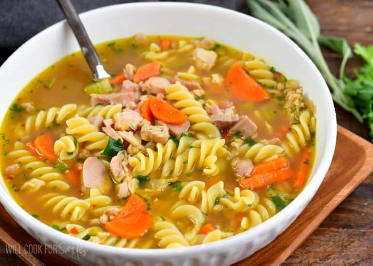 Turkey noodle soup made with leftover Thanksgiving turkey, veggies, and fresh herbs.