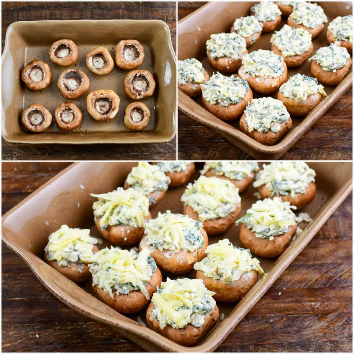 three images of cleaned out and seasoned mushroom caps, mushroom caps stuffed with creamy mixture and then topped with cheese.