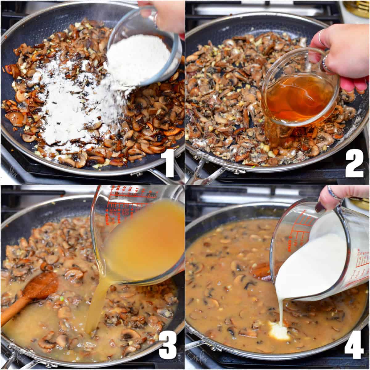 Collage of four images of cooking mushrooms and making the creamy sauce for turkey tetrazzini.