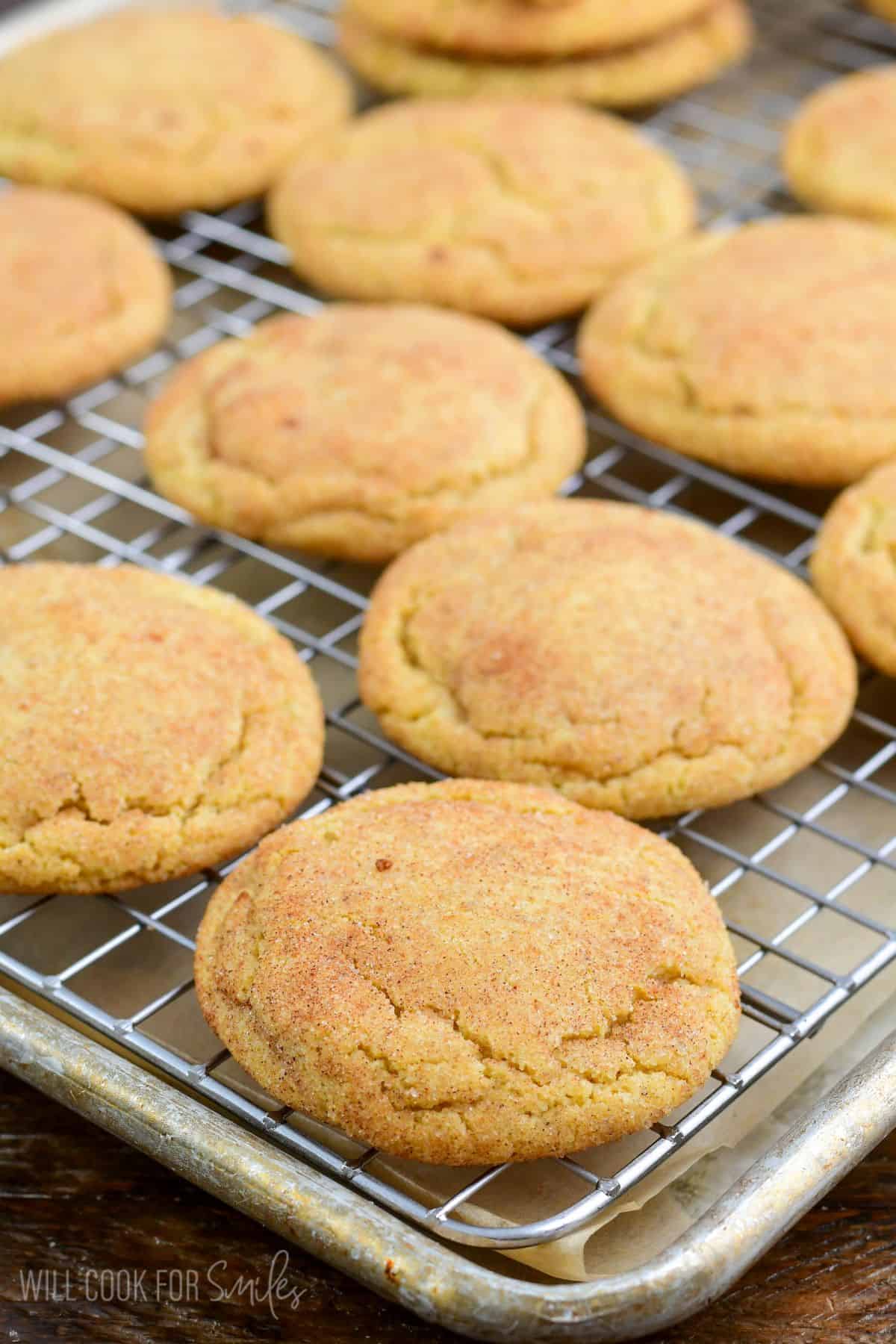 crispy outside and chewy inside brown butter snickerdoodle cookies on the wire rack.