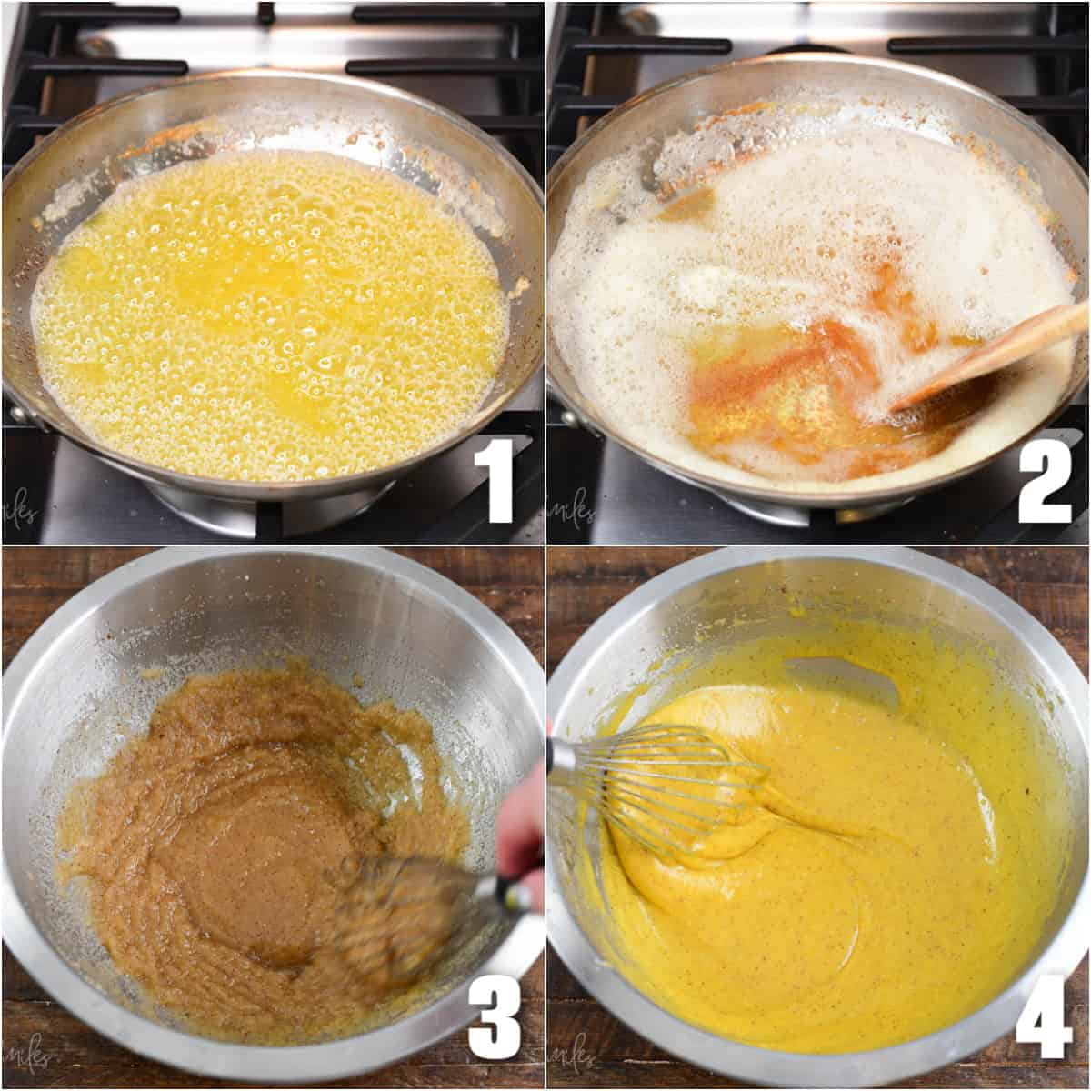 collage of 4 images of browning butter until golden brown first and then whisking sugar butter and eggs.