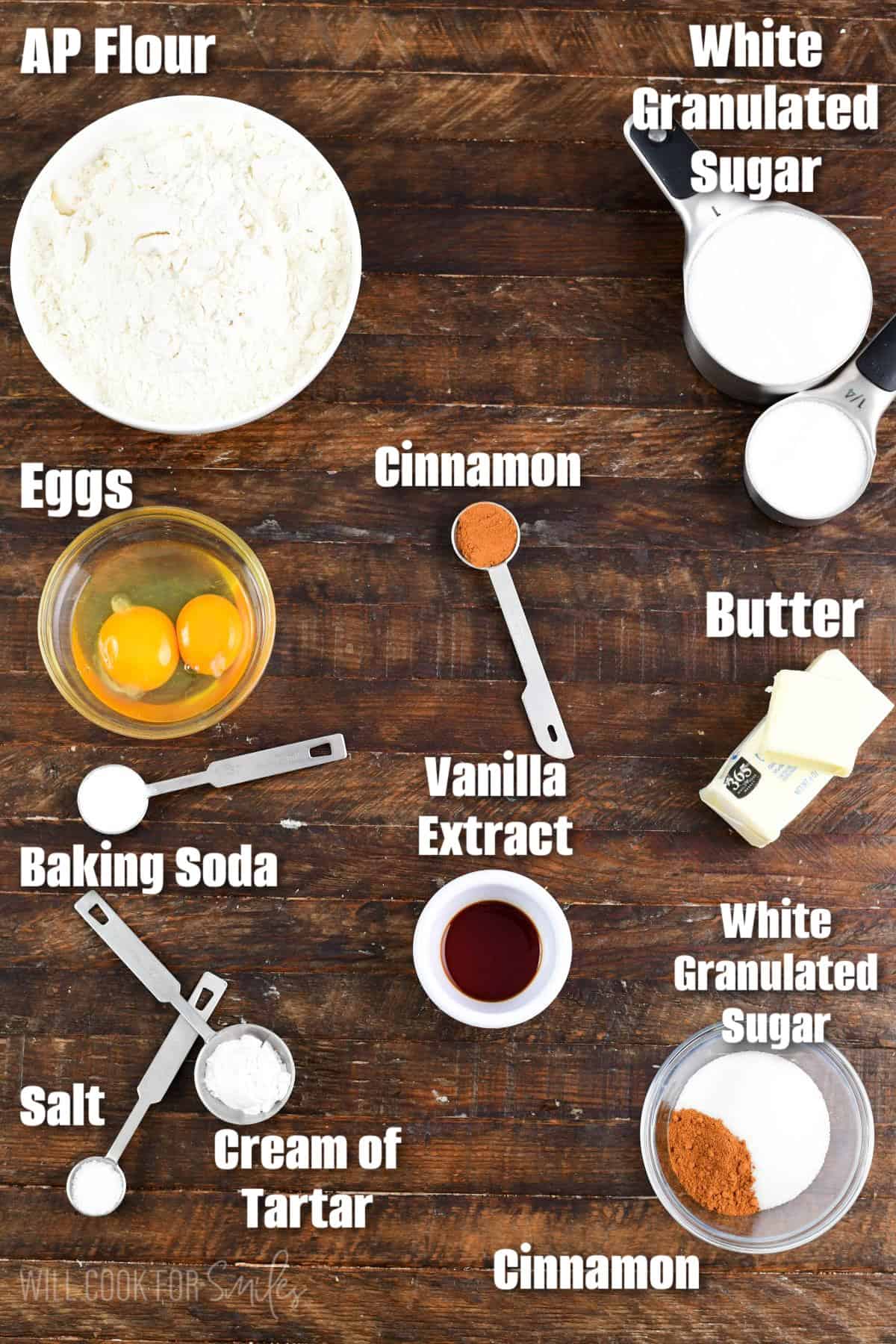labeled ingredients to make brown butter snickerdoodle cookies.