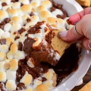 scooping out some warm and creamy chocolate cheesecake dip with gooey marshmallows.
