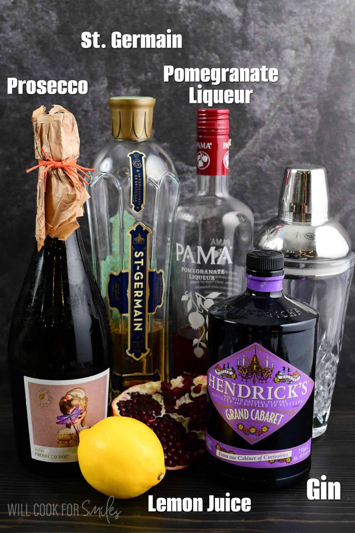 ingredients in bottles to make the pomegranate gin cocktail.