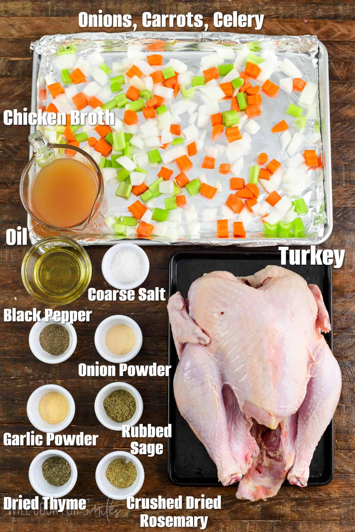 Labeled ingredients for spatchcock turkey on a wood surface.