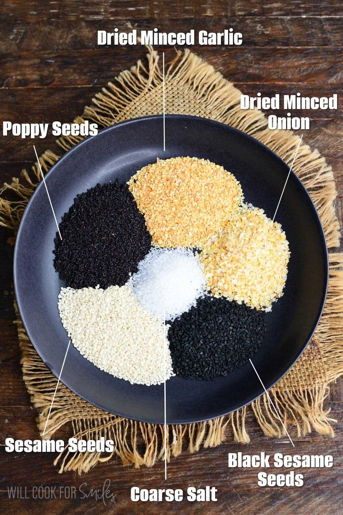 labeled ingredients for everything bagel seasoning in a black plate.