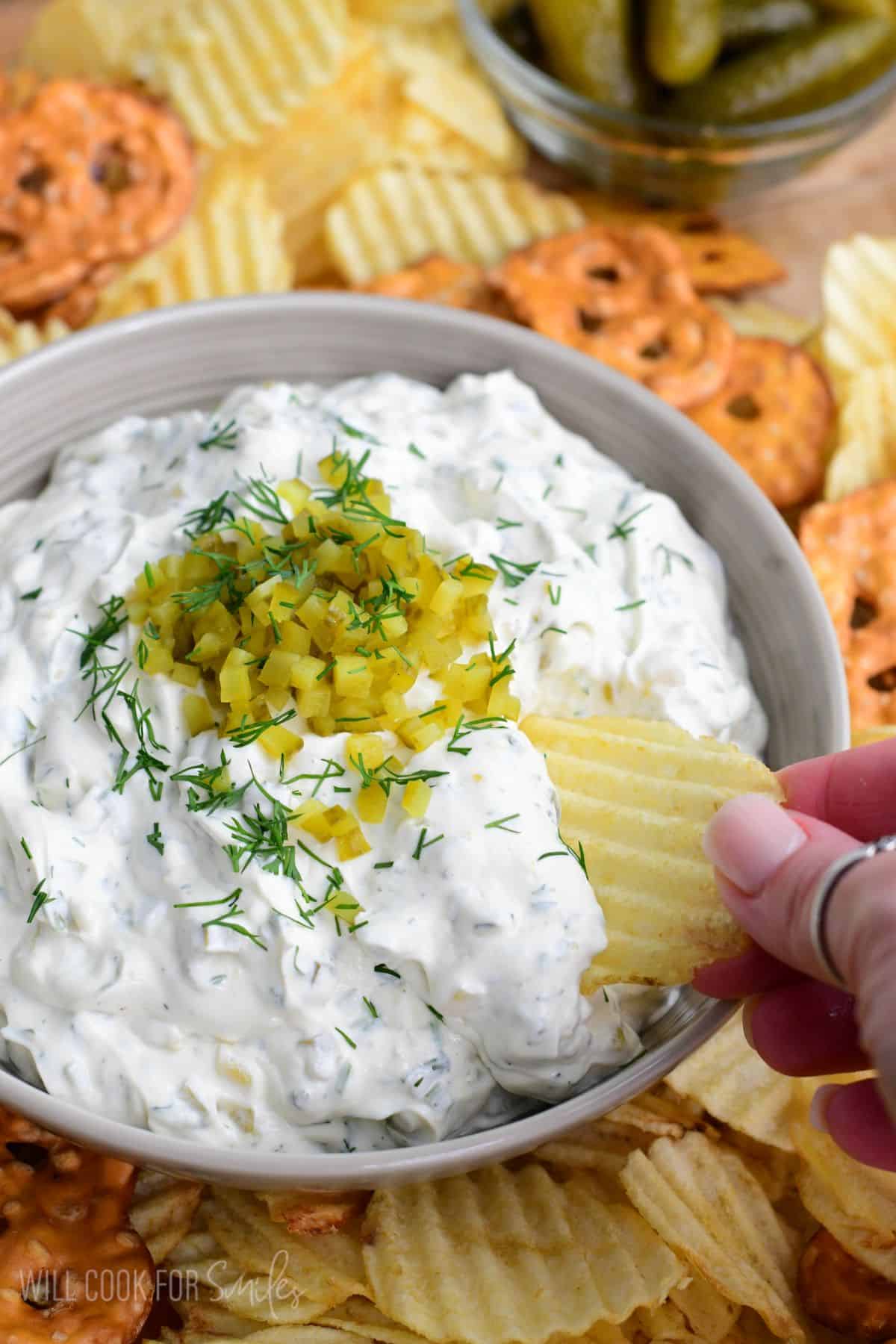 Using a potato chip to scoop some creamy and tangy pickle dip out of the bowl.