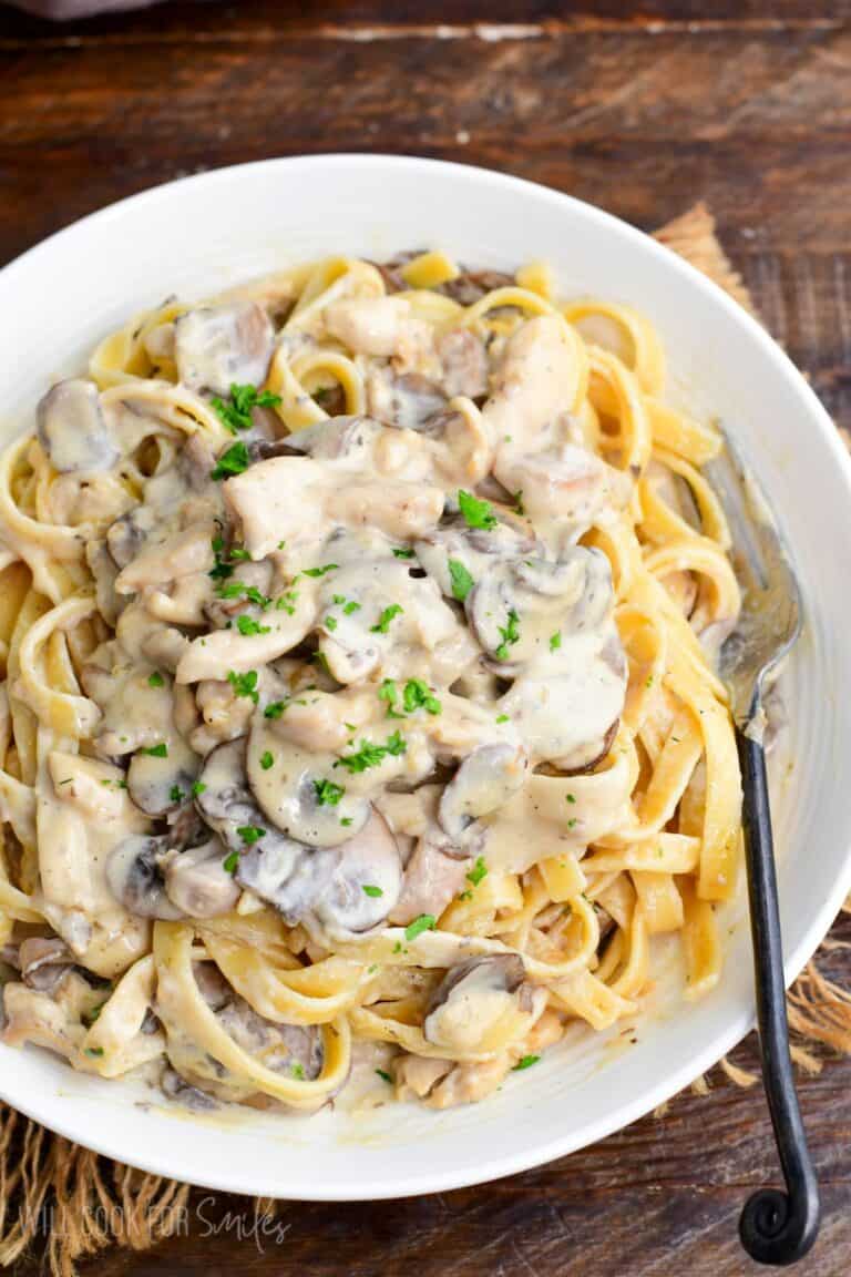 family recipe restaurant style creamy chicken stroganoff over pasta in a bowl.