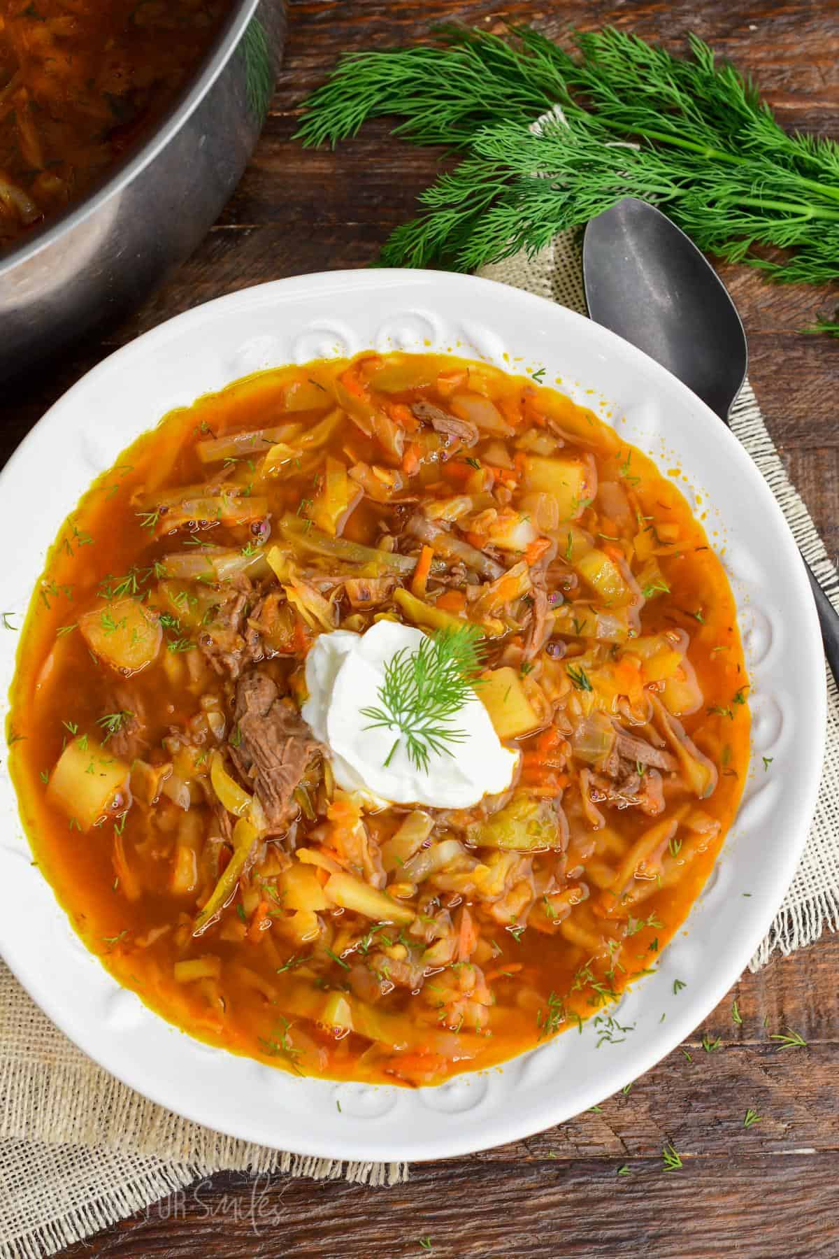 Russian beef and cabbage soup (shchi) in a white bowl with sour cream and dill.