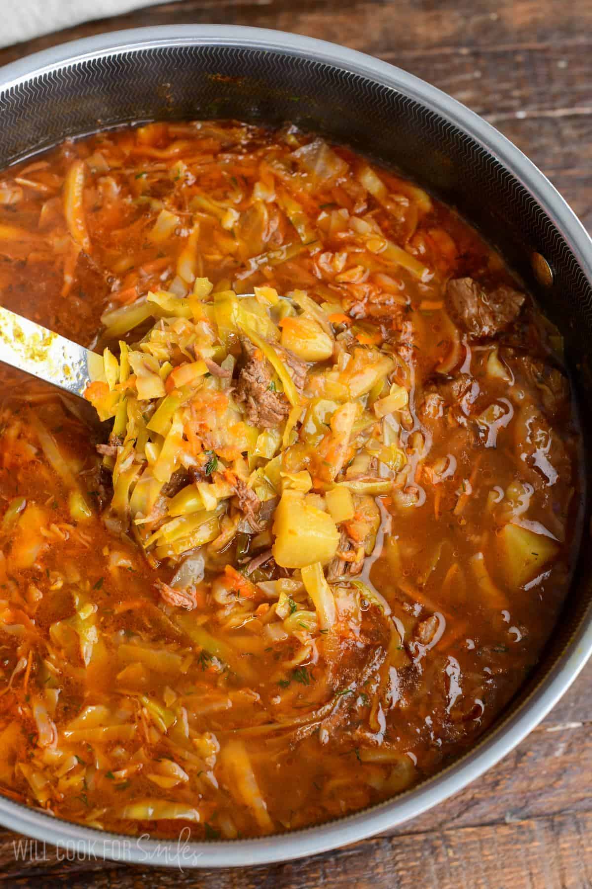 scooping gout some hearty cabbage soup from the pot with a ladle.