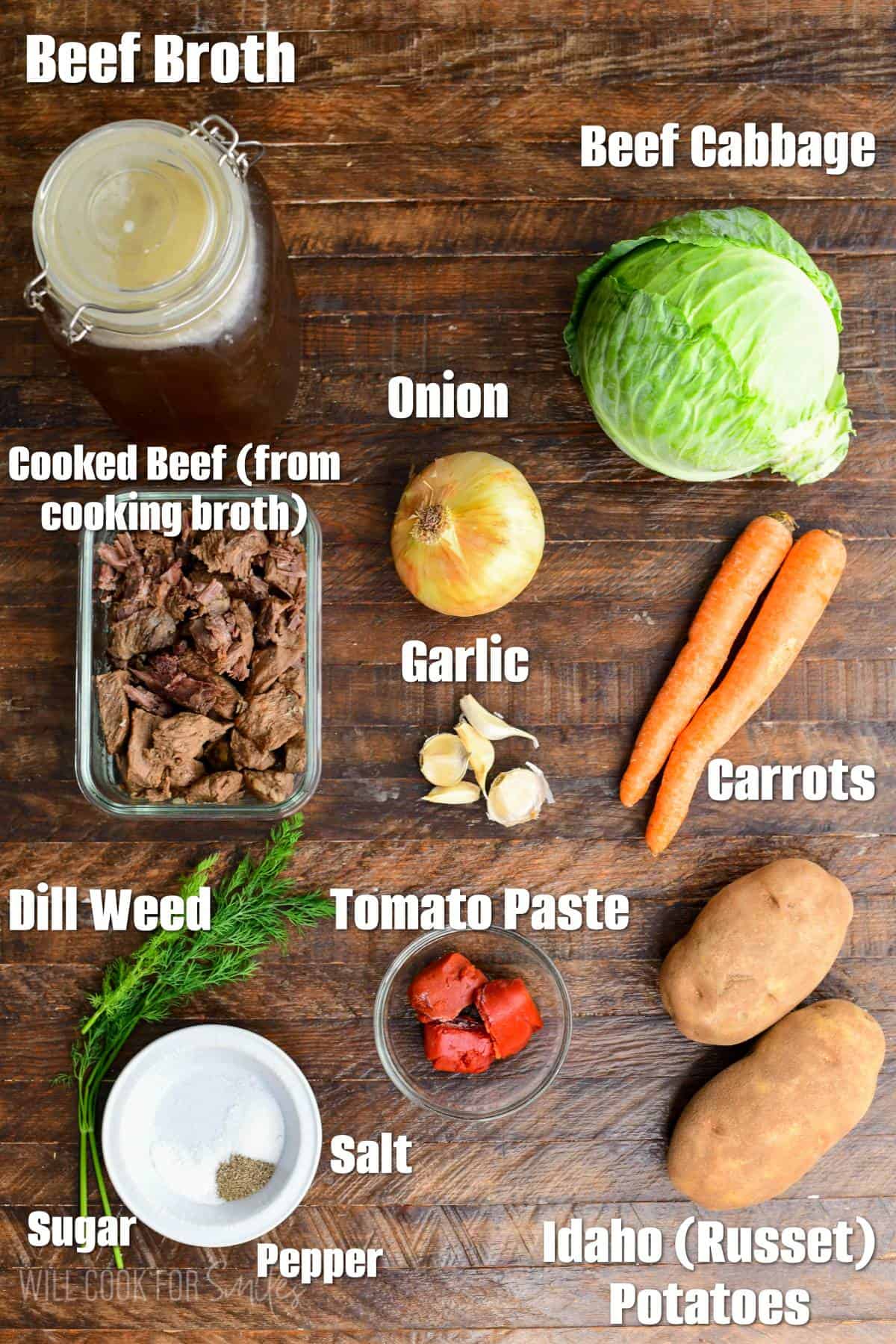 labeled ingredients to make the hearty and healthy cabbage soup with beef.