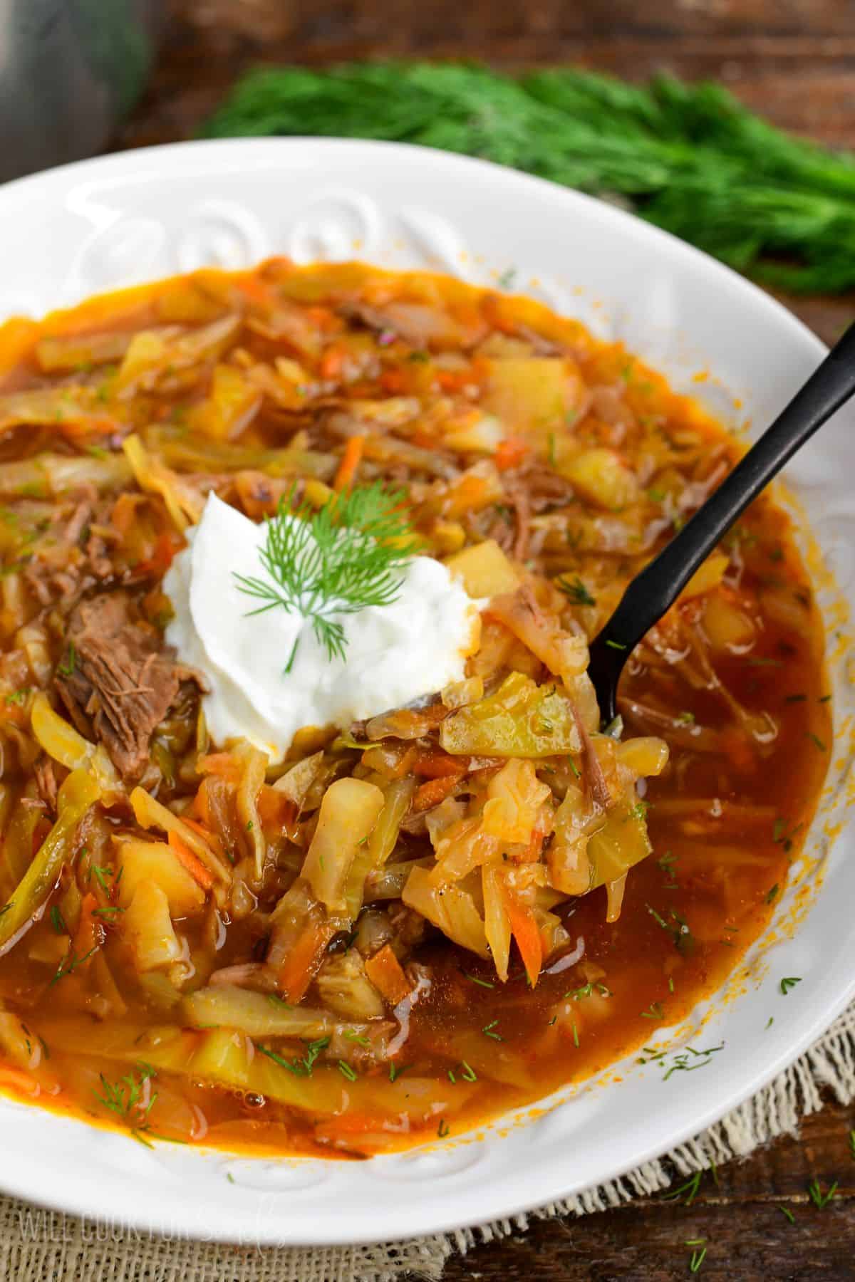 spooning out some hearty cabbage soup from a bowl with a black soup.
