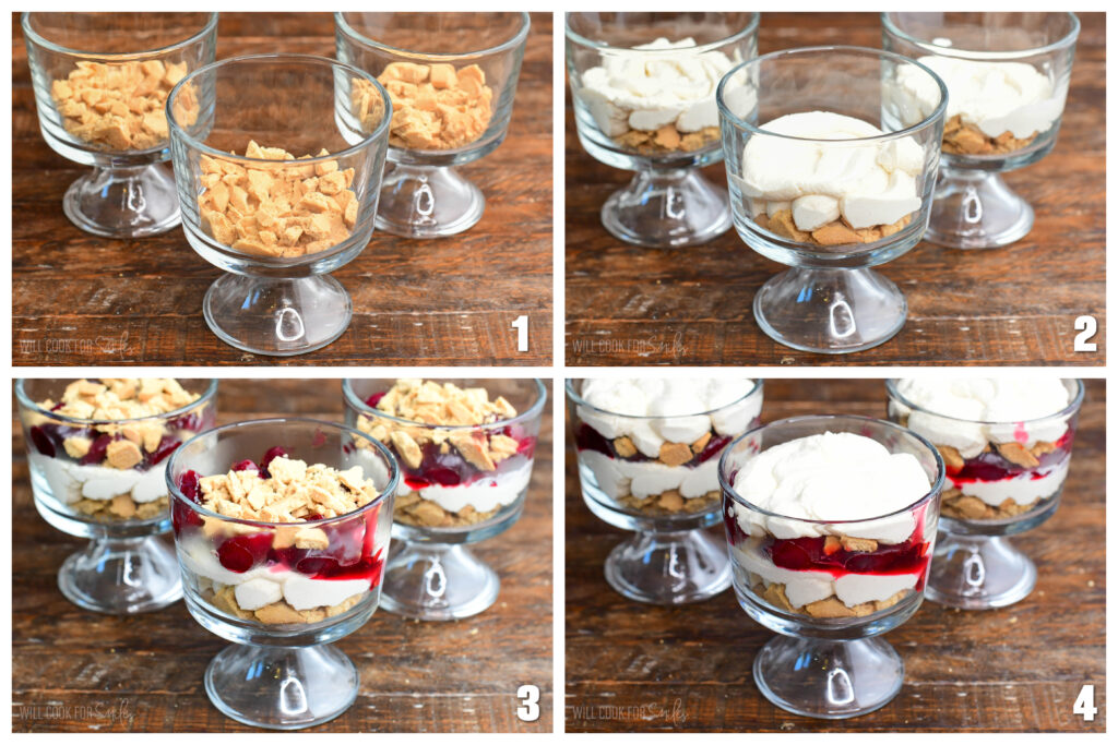 Step-by-step collage of four images showing layers of crushed cookies, cheesecake filling, cherry topping, and whipped cream assembled in glass dessert cups for no-bake cherry cheesecake parfaits.