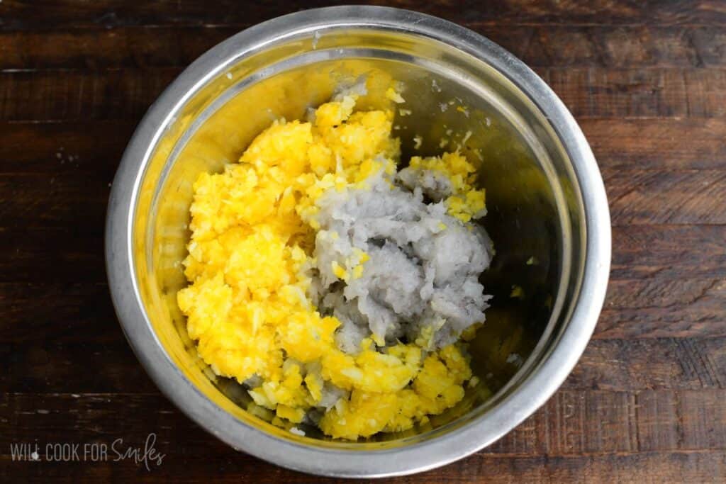 pulsed shrimp and veggies in a mixing bowl.